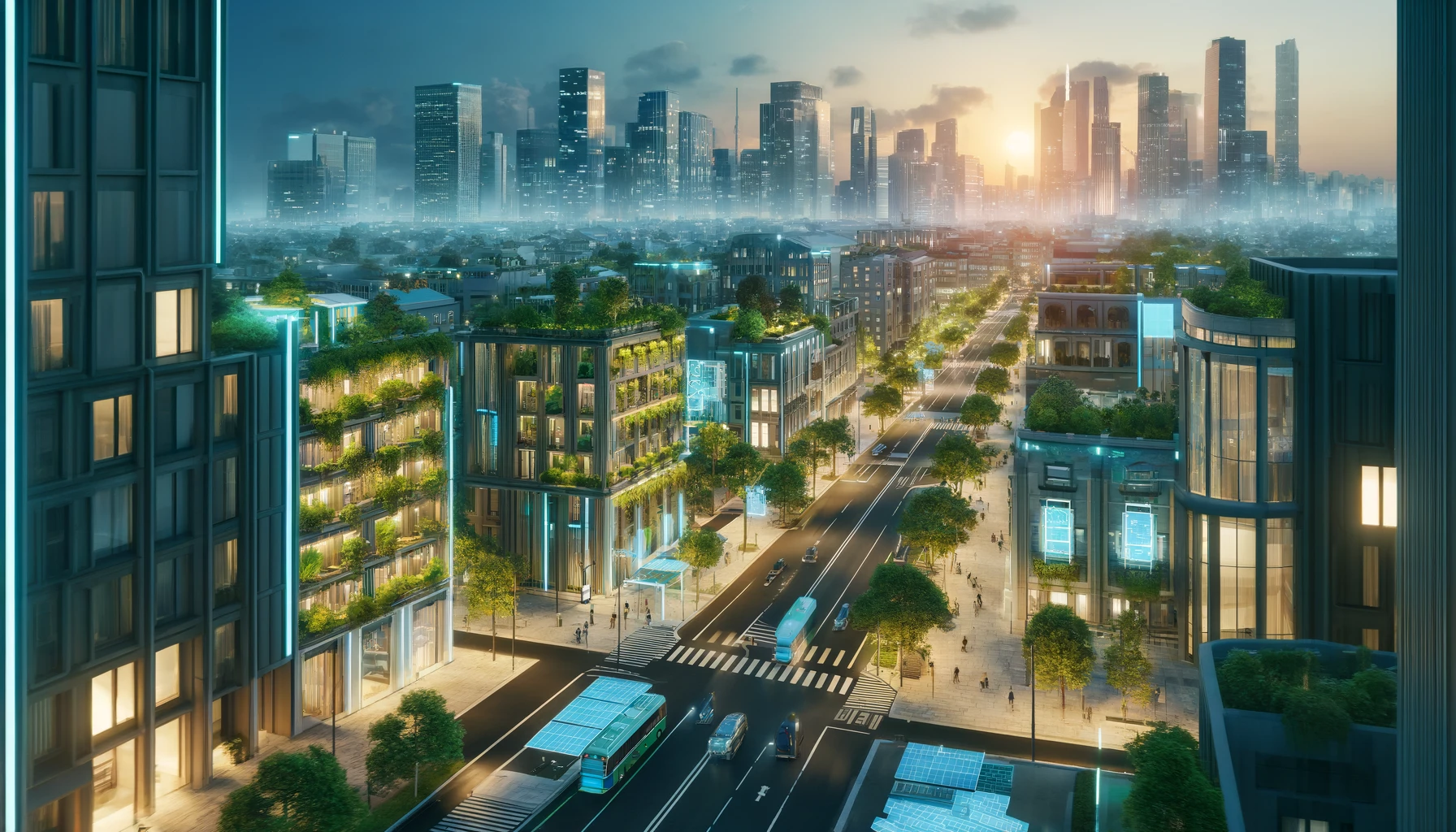 Panorama de una ciudad inteligente al atardecer, destacando rascacielos futuristas con diseños biófilos, sistemas de transporte automatizados y soluciones de energía verde como turbinas eólicas y paneles solares