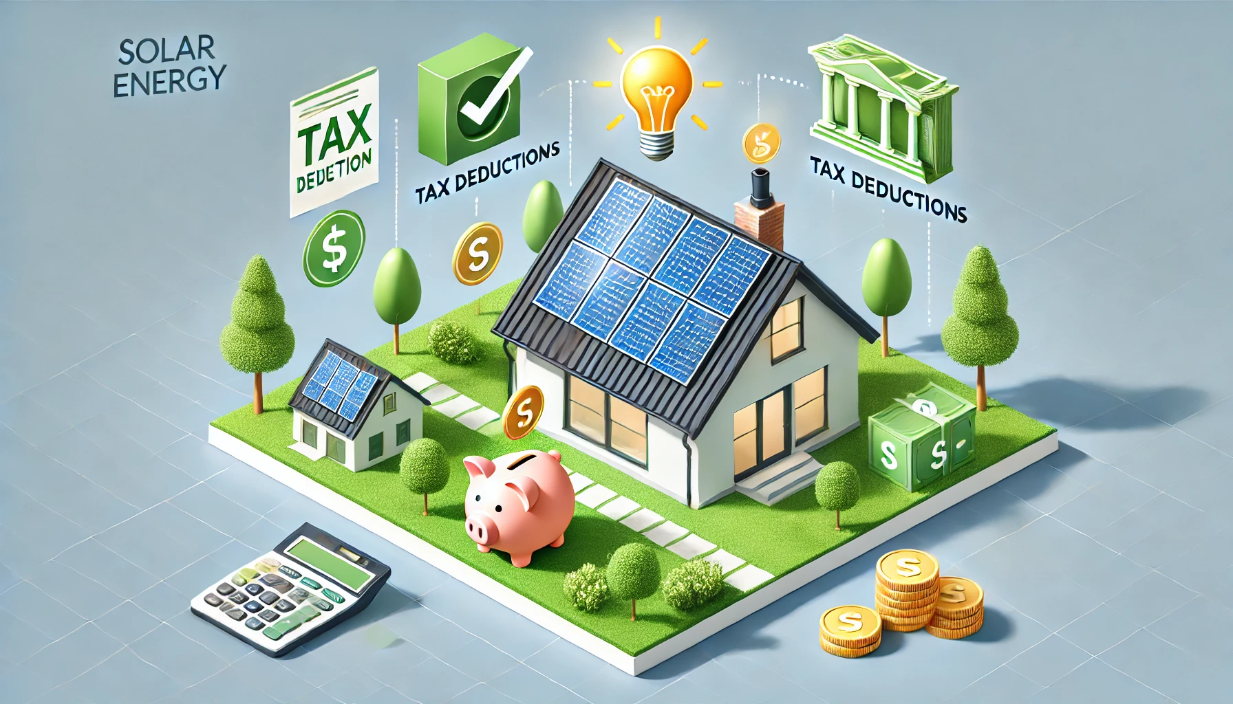 Paneles solares en el techo de una casa moderna con símbolos de ahorro financiero como una alcancía y monedas, junto con elementos verdes que representan las deducciones fiscales y el impacto positivo de la energía solar en un entorno sostenible y soleado